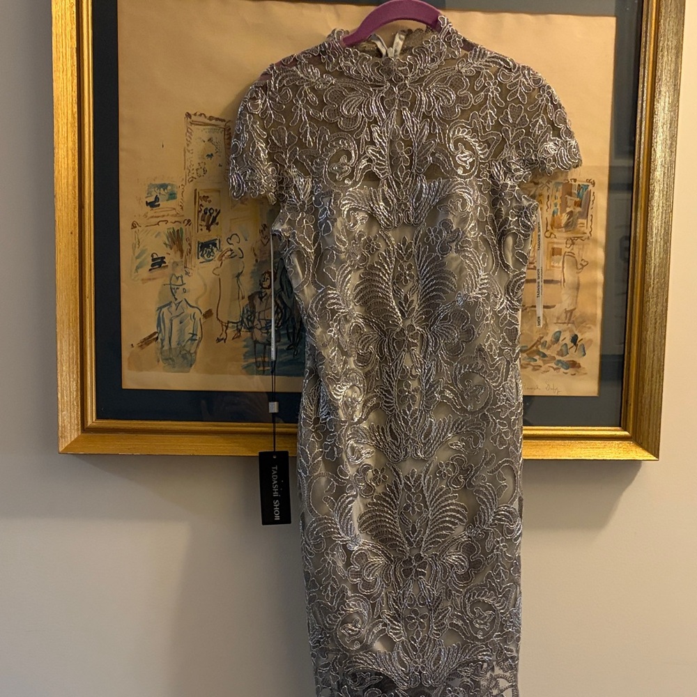 Tadashi Shoji Silver Lace Midi Dress